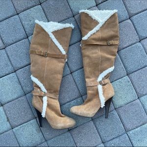 Tan Suede Leather and White Sherpa Heel Boot